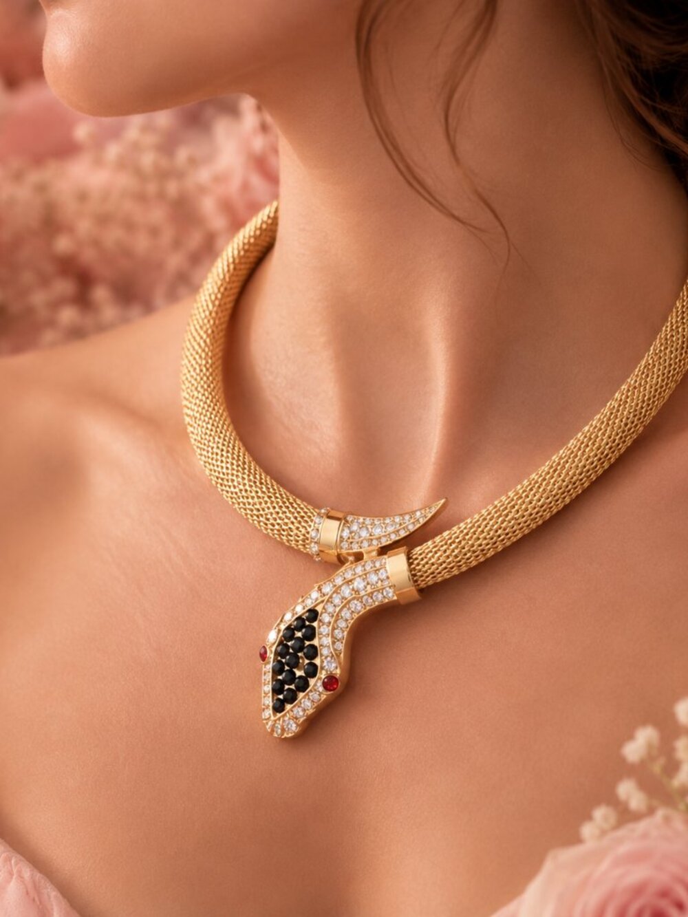 Gold Snake Collar Necklace with Black & Red Accents